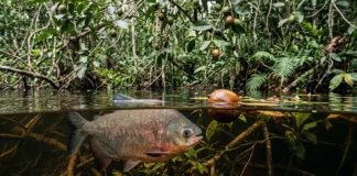 Pacu espera a fruta cair no igapó, tritura sementes duras com dentes molares e alterna entre dispersar e destruir sementes Pacu espera a fruta cair no igapó, tritura sementes duras com dentes molares e alterna entre dispersar e destruir sementes