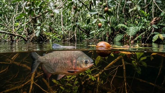 Pacu espera a fruta cair no igapó, tritura sementes duras com dentes molares e alterna entre dispersar e destruir sementes