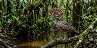 Pavãozinho-do-pará abre o leque de penas na cabeça, caça insetos em voos curtos e defende o mesmo trecho de igarapé Pavãozinho-do-pará abre o leque de penas na cabeça, caça insetos em voos curtos e defende o mesmo trecho de igarapé