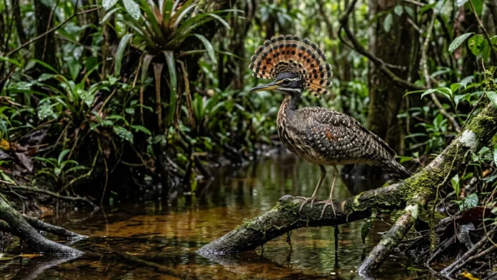 Pavãozinho-do-pará abre o leque de penas na cabeça, caça insetos em voos curtos e defende o mesmo trecho de igarapé Pavãozinho-do-pará abre o leque de penas na cabeça, caça insetos em voos curtos e defende o mesmo trecho de igarapé