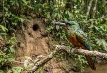 Ariramba captura inseto em voo, bate a presa no galho, remove ferrão e asas e escava túnel para nidificar Ariramba captura inseto em voo, bate a presa no galho, remove ferrão e asas e escava túnel para nidificar