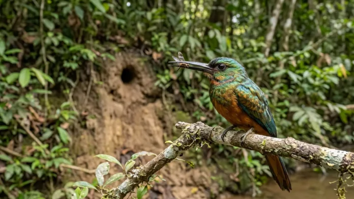 Ariramba captura inseto em voo, bate a presa no galho, remove ferrão e asas e escava túnel para nidificar Ariramba captura inseto em voo, bate a presa no galho, remove ferrão e asas e escava túnel para nidificar