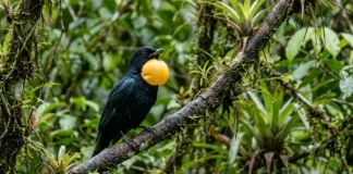 Anambé-preto infla o papo, amplifica um som mecânico e reúne machos em arenas no alto da floresta Anambé-preto infla o papo, amplifica um som mecânico e reúne machos em arenas no alto da floresta