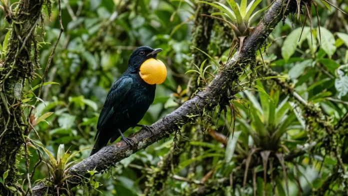 Anambé-preto infla o papo, amplifica um som mecânico e reúne machos em arenas no alto da floresta Anambé-preto infla o papo, amplifica um som mecânico e reúne machos em arenas no alto da floresta