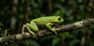 Perereca-macaco caminha lentamente pelos galhos, espalha secreção lipídica com as patas e reduz a perda de água durante a noite Perereca-macaco caminha lentamente pelos galhos, espalha secreção lipídica com as patas e reduz a perda de água durante a noite