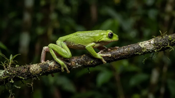 Perereca-macaco caminha lentamente pelos galhos, espalha secreção lipídica com as patas e reduz a perda de água durante a noite