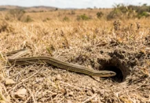 Corre-campo persegue lagarto em campo aberto, mergulha em toca de roedor e troca a corrida diurna por abrigo contra o calor Corre-campo persegue lagarto em campo aberto, mergulha em toca de roedor e troca a corrida diurna por abrigo contra o calor