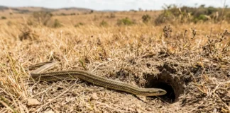 Corre-campo persegue lagarto em campo aberto, mergulha em toca de roedor e troca a corrida diurna por abrigo contra o calor Corre-campo persegue lagarto em campo aberto, mergulha em toca de roedor e troca a corrida diurna por abrigo contra o calor