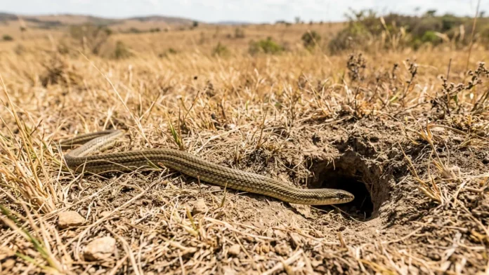Corre-campo persegue lagarto em campo aberto, mergulha em toca de roedor e troca a corrida diurna por abrigo contra o calor Corre-campo persegue lagarto em campo aberto, mergulha em toca de roedor e troca a corrida diurna por abrigo contra o calor