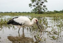 Maguari mantém o bico entreaberto na água turva, fecha por reflexo e captura alimento sem depender da visão Maguari mantém o bico entreaberto na água turva, fecha por reflexo e captura alimento sem depender da visão