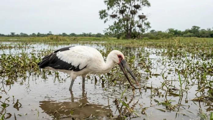 Maguari mantém o bico entreaberto na água turva, fecha por reflexo e captura alimento sem depender da visão