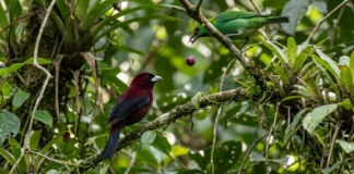 Pipira segue bando misto, usa alarmes de outras aves e recolhe frutos derrubados no dossel Pipira segue bando misto, usa alarmes de outras aves e recolhe frutos derrubados no dossel