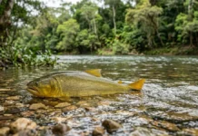 Dourado sobe cachoeiras aos saltos para desovar, reduz a alimentação e usa musculatura adaptada à correnteza Dourado sobe cachoeiras aos saltos para desovar, reduz a alimentação e usa musculatura adaptada à correnteza