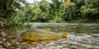 Dourado sobe cachoeiras aos saltos para desovar, reduz a alimentação e usa musculatura adaptada à correnteza Dourado sobe cachoeiras aos saltos para desovar, reduz a alimentação e usa musculatura adaptada à correnteza
