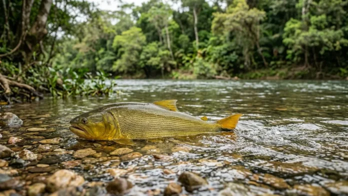 Dourado sobe cachoeiras aos saltos para desovar, reduz a alimentação e usa musculatura adaptada à correnteza Dourado sobe cachoeiras aos saltos para desovar, reduz a alimentação e usa musculatura adaptada à correnteza