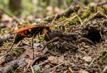 Vespa-caçadora paralisa aranha maior que ela, arrasta o corpo vivo até a toca e deixa um único ovo Vespa-caçadora paralisa aranha maior que ela, arrasta o corpo vivo até a toca e deixa um único ovo
