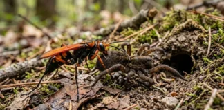 Vespa-caçadora paralisa aranha maior que ela, arrasta o corpo vivo até a toca e deixa um único ovo Vespa-caçadora paralisa aranha maior que ela, arrasta o corpo vivo até a toca e deixa um único ovo