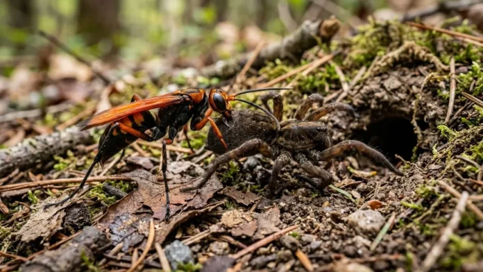 Vespa-caçadora paralisa aranha maior que ela, arrasta o corpo vivo até a toca e deixa um único ovo Vespa-caçadora paralisa aranha maior que ela, arrasta o corpo vivo até a toca e deixa um único ovo
