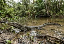 Jacarerana mergulha, nada com a cauda achatada e permanece minutos submersa sem ser parente dos jacarés Jacarerana mergulha, nada com a cauda achatada e permanece minutos submersa sem ser parente dos jacarés