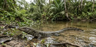 Jacarerana mergulha, nada com a cauda achatada e permanece minutos submersa sem ser parente dos jacarés Jacarerana mergulha, nada com a cauda achatada e permanece minutos submersa sem ser parente dos jacarés