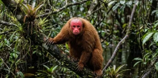 Uacari de rosto vermelho vive em igapós, perde a cor quando adoece e transforma o sinal em escolha de parceiro Uacari de rosto vermelho vive em igapós, perde a cor quando adoece e transforma o sinal em escolha de parceiro