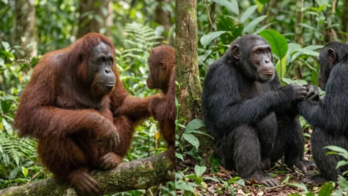 Orangotangos e chimpanzés imitam expressões de alegria em instantes e revelam um mecanismo social próximo do humano Orangotangos e chimpanzés imitam expressões de alegria em instantes e revelam um mecanismo social próximo do humano