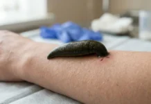 Sanguessuga corta a pele com três mandíbulas, libera hirudina e anestésico e mantém o sangue fluindo sem a vítima perceber Sanguessuga corta a pele com três mandíbulas, libera hirudina e anestésico e mantém o sangue fluindo sem a vítima perceber