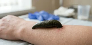 Sanguessuga corta a pele com três mandíbulas, libera hirudina e anestésico e mantém o sangue fluindo sem a vítima perceber Sanguessuga corta a pele com três mandíbulas, libera hirudina e anestésico e mantém o sangue fluindo sem a vítima perceber