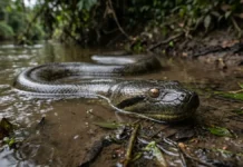 Sucuri apoia a mandíbula no fundo, detecta vibrações na água barrenta e ajusta a constrição ao pulso da presa Sucuri apoia a mandíbula no fundo, detecta vibrações na água barrenta e ajusta a constrição ao pulso da presa