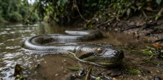 Sucuri apoia a mandíbula no fundo, detecta vibrações na água barrenta e ajusta a constrição ao pulso da presa Sucuri apoia a mandíbula no fundo, detecta vibrações na água barrenta e ajusta a constrição ao pulso da presa