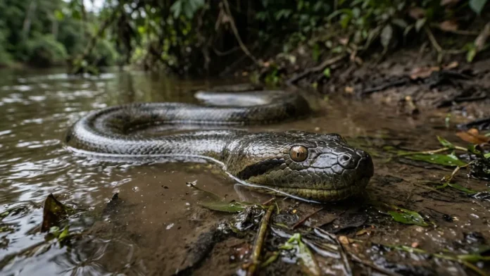 Sucuri apoia a mandíbula no fundo, detecta vibrações na água barrenta e ajusta a constrição ao pulso da presa Sucuri apoia a mandíbula no fundo, detecta vibrações na água barrenta e ajusta a constrição ao pulso da presa