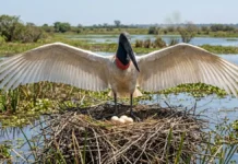 Tuiuiú abre as asas sobre o ninho, leva água ao filhote e reaproveita galhos para atravessar o calor do Pantanal Tuiuiú abre as asas sobre o ninho, leva água ao filhote e reaproveita galhos para atravessar o calor do Pantanal