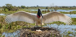 Tuiuiú abre as asas sobre o ninho, leva água ao filhote e reaproveita galhos para atravessar o calor do Pantanal Tuiuiú abre as asas sobre o ninho, leva água ao filhote e reaproveita galhos para atravessar o calor do Pantanal