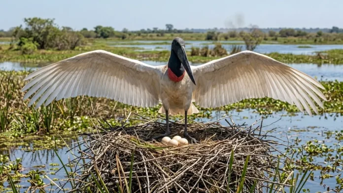 Tuiuiú abre as asas sobre o ninho, leva água ao filhote e reaproveita galhos para atravessar o calor do Pantanal