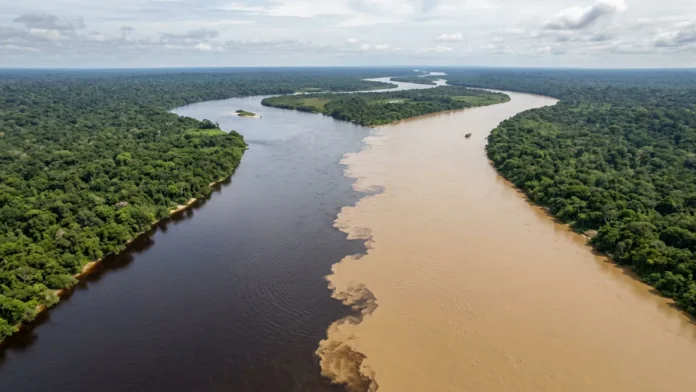 Rios Negro e Solimões percorrem cerca de 6 quilômetros lado a lado antes de misturar temperaturas, velocidades e sedimentos Rios Negro e Solimões percorrem cerca de 6 quilômetros lado a lado antes de misturar temperaturas, velocidades e sedimentos