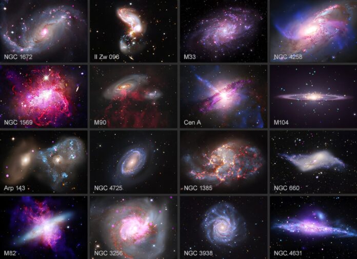 NASA reúne 16 galáxias em nova galeria de raios X e revela jatos, colisões e ventos de milhões de graus NASA reúne 16 galáxias em nova galeria de raios X e revela jatos, colisões e ventos de milhões de graus