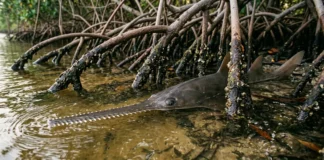 Peixe-serra-de-dente-pequeno volta após décadas a berçário de mangue, enquanto rastreamento revela uso repetido depois de episódios que mataram centenas Peixe-serra-de-dente-pequeno volta após décadas a berçário de mangue, enquanto rastreamento revela uso repetido depois de episódios que mataram centenas
