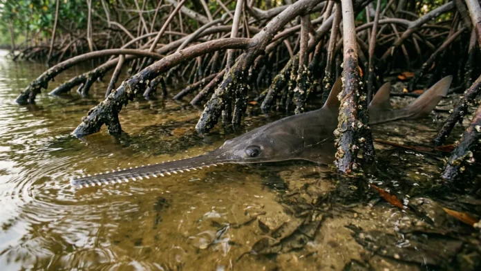 Peixe-serra-de-dente-pequeno volta após décadas a berçário de mangue, enquanto rastreamento revela uso repetido depois de episódios que mataram centenas Peixe-serra-de-dente-pequeno volta após décadas a berçário de mangue, enquanto rastreamento revela uso repetido depois de episódios que mataram centenas