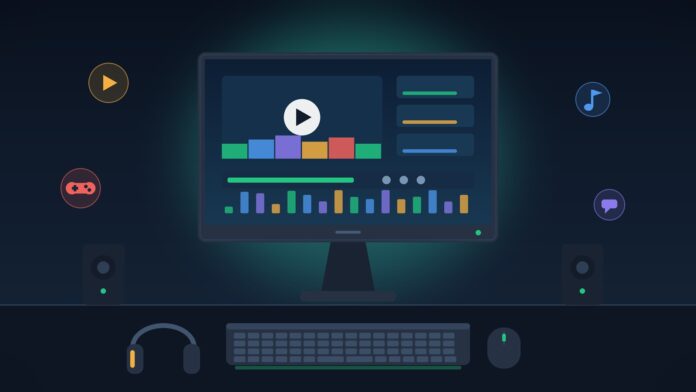 Ilustração de uma estação de computador com monitor exibindo vídeo, teclado, mouse, headset e caixas de som