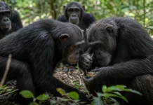 Chimpanzés chegam o rosto bem perto dos companheiros para assistir ao que eles estão fazendo e esse gesto discreto pode ajudar a transmitir uma cultura inteira