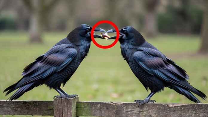 corvos-retribuicao-alimento-cooperacao-animal-etologia Dois corvos num mourão de madeira, um oferecendo comida ao outro, com o pedaço de alimento em destaque