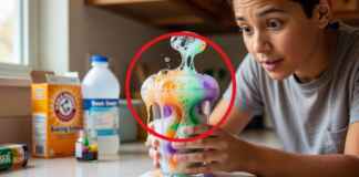'Você descobriu que dá pra transformar a cozinha em um mini laboratório', e o vídeo de experimentos com itens de despensa vira aula em que a criança vê a química acontecer na pia Criança mistura bicarbonato e vinagre em copo na bancada da cozinha com espuma colorida subindo