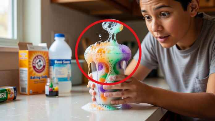 Criança mistura bicarbonato e vinagre em copo na bancada da cozinha com espuma colorida subindo