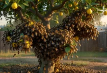 Cerca de 15 mil abelhas formaram um cacho no limoeiro do quintal urbano; o apicultor as capturou com caixa de papelão e montou uma colmeia nova pela primeira vez em cinco anos Cacho denso de abelhas cobrindo galhos e tronco de um limoeiro em quintal residencial ao fim da tarde