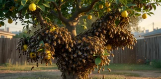 Cerca de 15 mil abelhas formaram um cacho no limoeiro do quintal urbano; o apicultor as capturou com caixa de papelão e montou uma colmeia nova pela primeira vez em cinco anos Cacho denso de abelhas cobrindo galhos e tronco de um limoeiro em quintal residencial ao fim da tarde