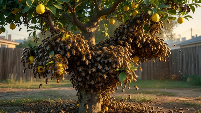enxame-abelhas-limoeiro-quintal-urbano-caixa-papelao Cacho denso de abelhas cobrindo galhos e tronco de um limoeiro em quintal residencial ao fim da tarde