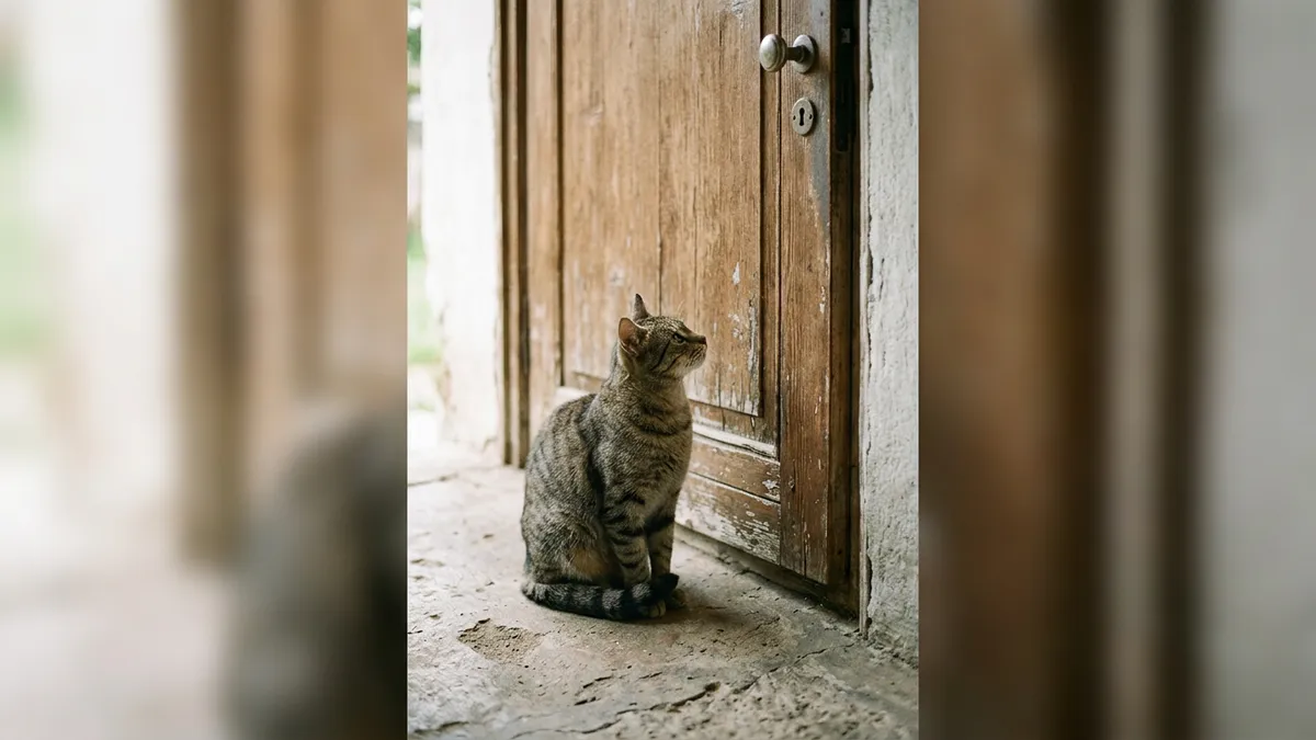 Gato mia para abrir a porta, recua quando ela se abre e revela o que realmente queria 2 Gato mia para abrir a porta, recua quando ela se abre e revela o que realmente queria