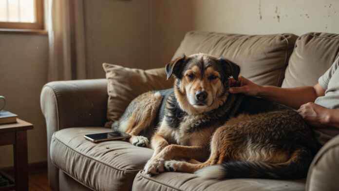 tutor-cachorro-nino-sofa-declaracao-afeto-celular Cão deitado no sofá com a cabeça no colo do tutor e celular ao lado, cena caseira de companhia