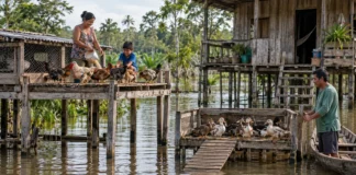 Galinhas e patos ganham estruturas suspensas quando a cheia cobre os quintais de Igarapé do Costa