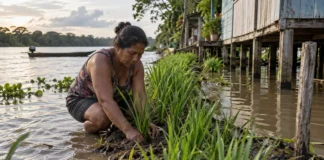 Morador planta uma faixa de capim para tentar enfraquecer ondas antes que elas atinjam sua casa na várzea de Santarém